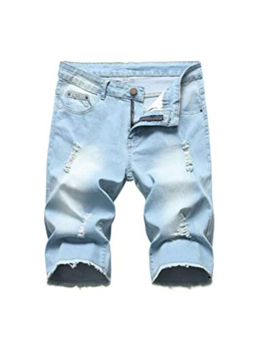 PASOK Men's Casual Denim Shorts Distressed Stretchy Jeans Shorts Ripped Short Pants