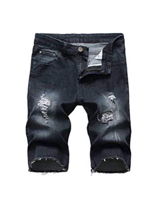 PASOK Men's Casual Denim Shorts Distressed Stretchy Jeans Shorts Ripped Short Pants