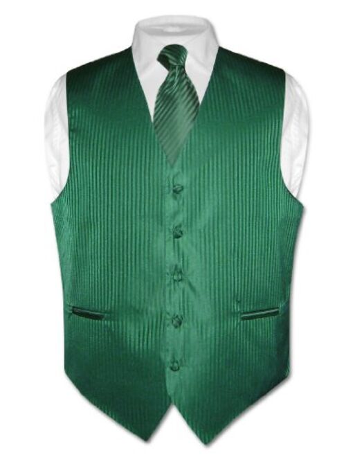 Vesuvio Napoli Men's Dress Vest Necktie Emerald Green Color Vertical Stripe Design Neck Tie Set