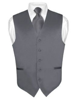 Men's Dress Vest & Necktie Solid Charcoal Grey Color Neck Tie Set for Suit Tux