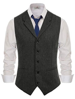 Paul Jones Mens Herringbone Tweed Waistcoat Tailored Collar Slim Fit Suit Vest