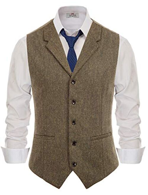 Paul Jones Mens Herringbone Tweed Waistcoat Tailored Collar Slim Fit Suit Vest