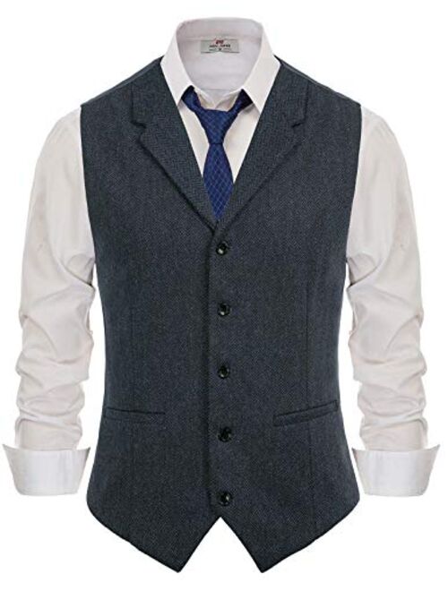 Paul Jones Mens Herringbone Tweed Waistcoat Tailored Collar Slim Fit Suit Vest