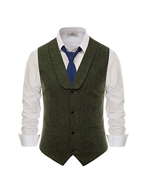 Paul Jones Mens Herringbone Tweed Waistcoat Tailored Collar Slim Fit Suit Vest