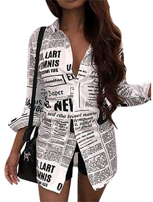 NRTHYE Women's Letter Printing One Shoulder Long Sleeve Irregular Loose Casual Shirt Short Dress