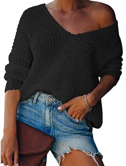 LAICIGO Womens Off Shoulder Knit Sweaters Oversized V Neck Batwing Sleeve Loose Lightweight Pullover Tops