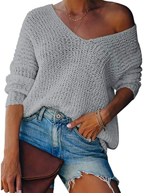 LAICIGO Womens Off Shoulder Knit Sweaters Oversized V Neck Batwing Sleeve Loose Lightweight Pullover Tops