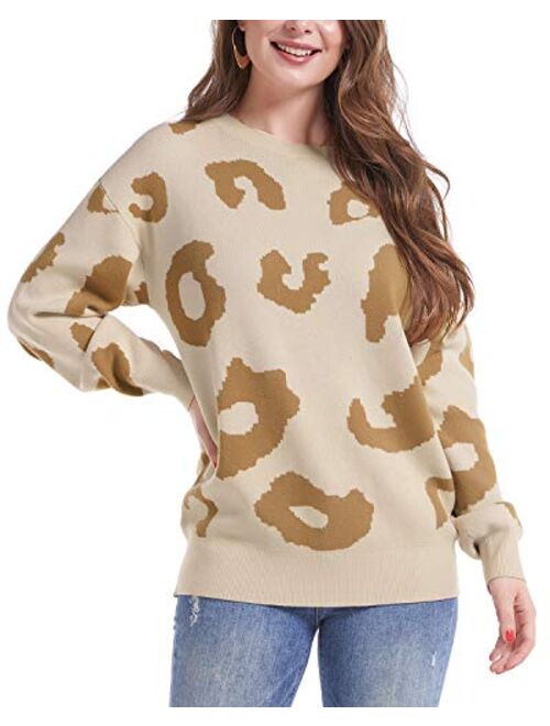 II ININ Women's Leopard Pullover Sweater Casual Sweatshirt Crew Neck Long Sleeve Knit Tops Blouse