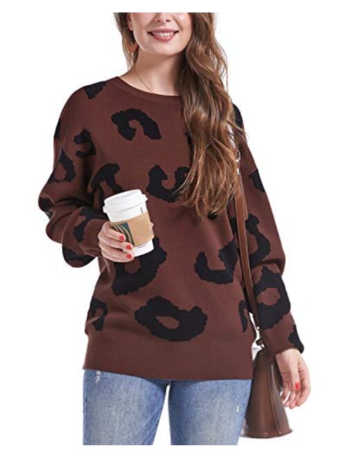 II ININ Women's Leopard Pullover Sweater Casual Sweatshirt Crew Neck Long Sleeve Knit Tops Blouse