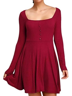 Jusfitsu Womens Long Sleeve Casual Swing Dress Knit A-Line Square Neck Ribbed Fit Slim Short Dress