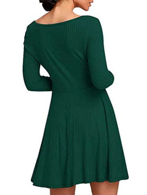 Jusfitsu Womens Long Sleeve Casual Swing Dress Knit A-Line Square Neck Ribbed Fit Slim Short Dress