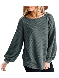 Womens Long Balloon Sleeve Waffle Knit Tops Crew Neck Oversized Sweater Pullover