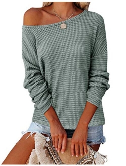 Womens Long Balloon Sleeve Waffle Knit Tops Crew Neck Oversized Sweater Pullover