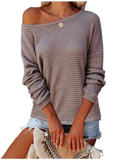 Womens Long Balloon Sleeve Waffle Knit Tops Crew Neck Oversized Sweater Pullover