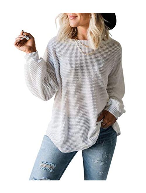 MEROKEETY Womens Long Balloon Sleeve Waffle Knit Tops Crew Neck Oversized Sweater Pullover