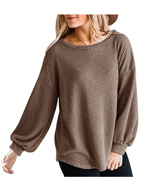 MEROKEETY Womens Long Balloon Sleeve Waffle Knit Tops Crew Neck Oversized Sweater Pullover