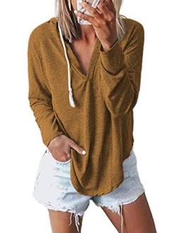 Kirundo 2020 Womens Deep V Neck Hoodie Long Sleeves Solid Color Drawstring Belt Sweatshirt Loose Tops Blouses