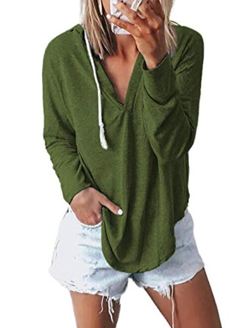 Kirundo 2020 Womens Deep V Neck Hoodie Long Sleeves Solid Color Drawstring Belt Sweatshirt Loose Tops Blouses