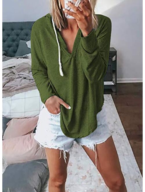 Kirundo 2020 Womens Deep V Neck Hoodie Long Sleeves Solid Color Drawstring Belt Sweatshirt Loose Tops Blouses