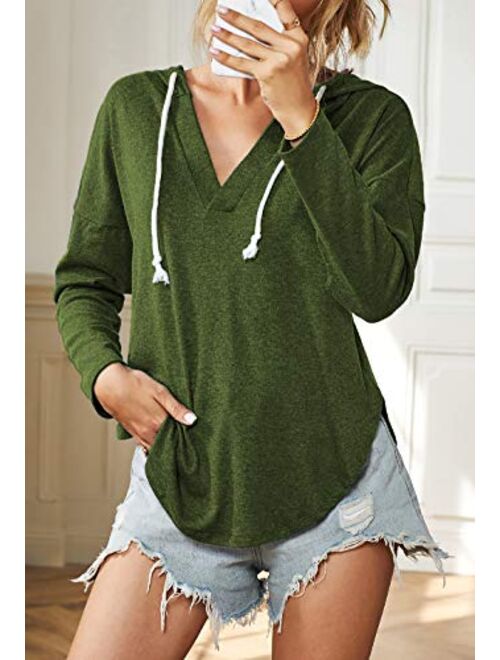 Kirundo 2020 Womens Deep V Neck Hoodie Long Sleeves Solid Color Drawstring Belt Sweatshirt Loose Tops Blouses