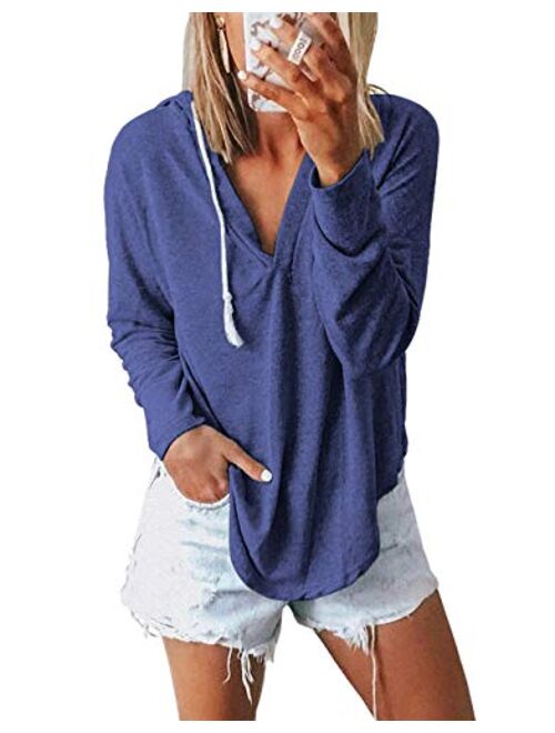 Kirundo 2020 Womens Deep V Neck Hoodie Long Sleeves Solid Color Drawstring Belt Sweatshirt Loose Tops Blouses