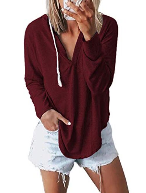 Kirundo 2020 Womens Deep V Neck Hoodie Long Sleeves Solid Color Drawstring Belt Sweatshirt Loose Tops Blouses