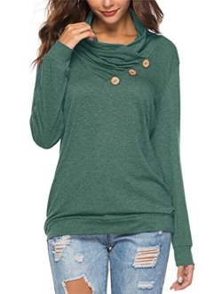 KISSMODA Women's Casual T-Shirt Long Sleeve Button Cowl Neck Tunic Sweatshirt Tops Blouse