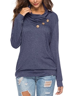 KISSMODA Women's Casual T-Shirt Long Sleeve Button Cowl Neck Tunic Sweatshirt Tops Blouse