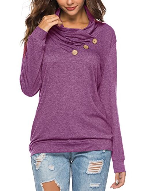 KISSMODA Women's Casual T-Shirt Long Sleeve Button Cowl Neck Tunic Sweatshirt Tops Blouse