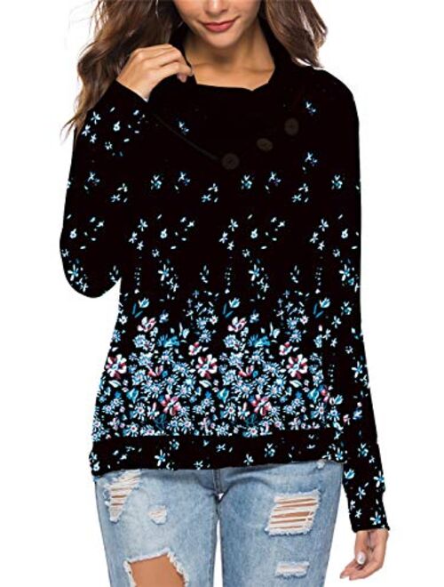 KISSMODA Women's Casual T-Shirt Long Sleeve Button Cowl Neck Tunic Sweatshirt Tops Blouse