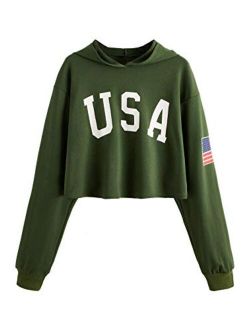 Women's Casual Letter Print Long Sleeve Crop Top Sweatshirt Hoodies