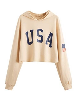 Women's Casual Letter Print Long Sleeve Crop Top Sweatshirt Hoodies