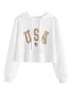 Women's Casual Letter Print Long Sleeve Crop Top Sweatshirt Hoodies