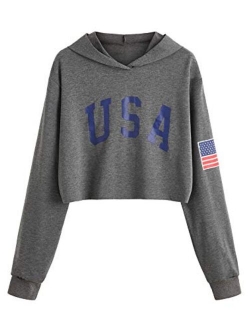 Women's Casual Letter Print Long Sleeve Crop Top Sweatshirt Hoodies