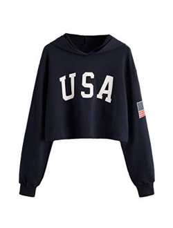 Women's Casual Letter Print Long Sleeve Crop Top Sweatshirt Hoodies