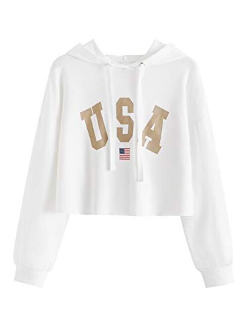 SweatyRocks Women's Casual Letter Print Long Sleeve Crop Top Sweatshirt Hoodies