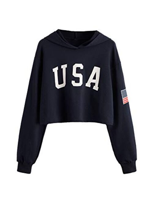 SweatyRocks Women's Casual Letter Print Long Sleeve Crop Top Sweatshirt Hoodies