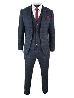 Marc Darcy Mens Navy Blue Wine Check Herringbone Tweed Vintage 3 Piece New Suit Navy 34