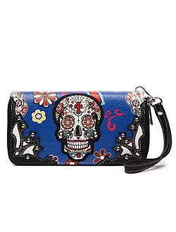 Sugar Skull Western Cross Clutch Wallet Day of the Dead Wristlet Purse Calavera