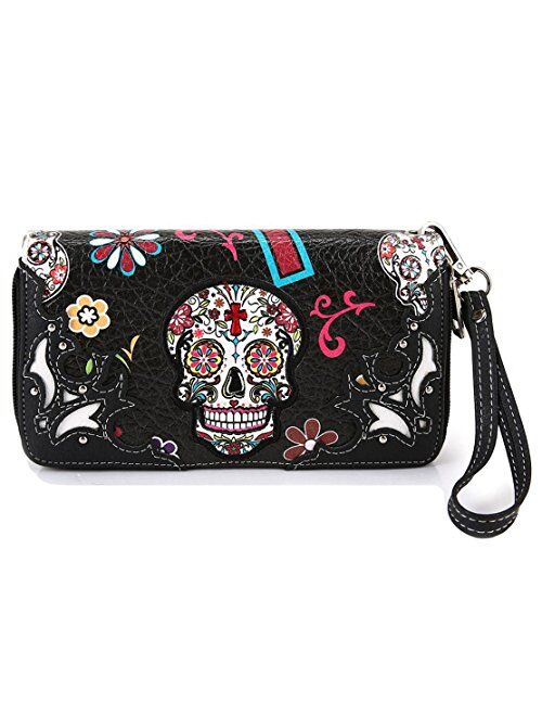 Sugar Skull Western Cross Clutch Wallet Day of the Dead Wristlet Purse Calavera