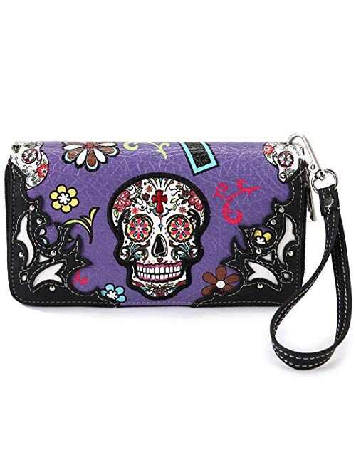 Sugar Skull Western Cross Clutch Wallet Day of the Dead Wristlet Purse Calavera