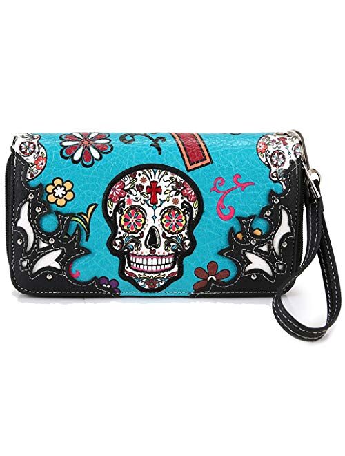 Sugar Skull Western Cross Clutch Wallet Day of the Dead Wristlet Purse Calavera