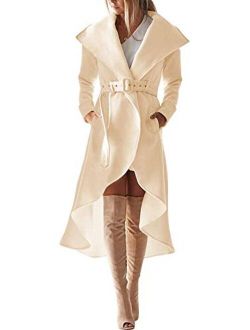 SAUKOLE Women's Winter Wool Trench Coat Wrap Large Collar High Low Jacket Outwear with Belt