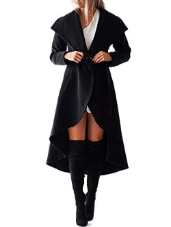 SAUKOLE Women's Winter Wool Trench Coat Wrap Large Collar High Low Jacket Outwear with Belt