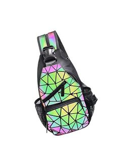 PYFK Geometric Backpack Luminous Holographic Color Changes Flash Reflective Crossbody Bag Fashion Shoulder Bag for Women Men