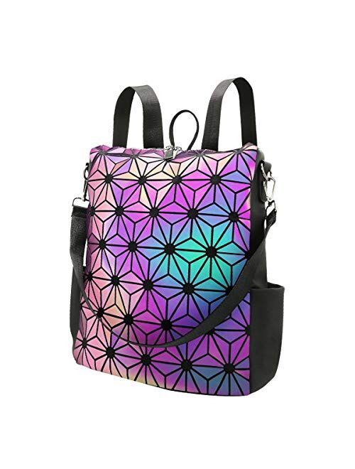 PYFK Geometric Backpack Luminous Holographic Color Changes Flash Reflective Crossbody Bag Fashion Shoulder Bag for Women Men