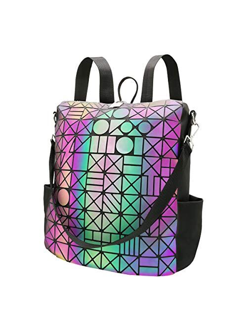 PYFK Geometric Backpack Luminous Holographic Color Changes Flash Reflective Crossbody Bag Fashion Shoulder Bag for Women Men