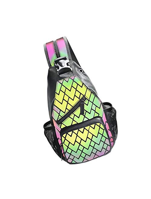 PYFK Geometric Backpack Luminous Holographic Color Changes Flash Reflective Crossbody Bag Fashion Shoulder Bag for Women Men