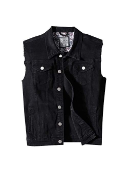 RongYue Men's Casual Button-Down Denim Vest Sleeveless Jacket with Broken Holes