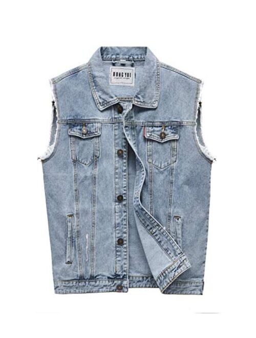 RongYue Men's Casual Button-Down Denim Vest Sleeveless Jacket with Broken Holes